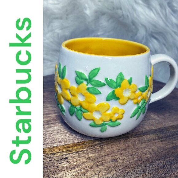 STARBUCKS 2007 Floral Ceramic 12 oz Mug Yellow White - Picture 2 of 8